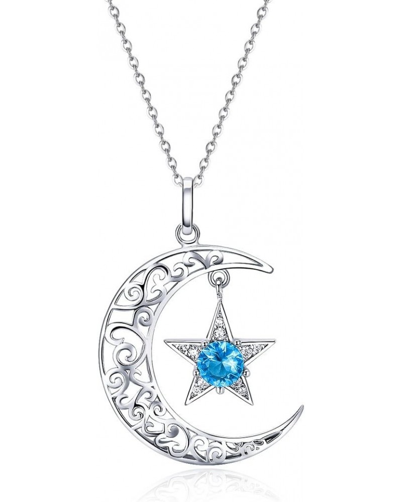 Sterling Silver Star Moon Pendant Necklace with Blue Round Cubic Zirconia Jewelry Gift for Women Girl (Length 14.96 Inch - 18...