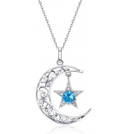 Sterling Silver Star Moon Pendant Necklace with Blue Round Cubic Zirconia Jewelry Gift for Women Girl (Length 14.96 Inch - 18...