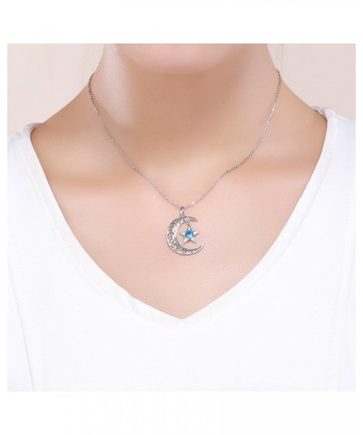 Sterling Silver Star Moon Pendant Necklace with Blue Round Cubic Zirconia Jewelry Gift for Women Girl (Length 14.96 Inch - 18...