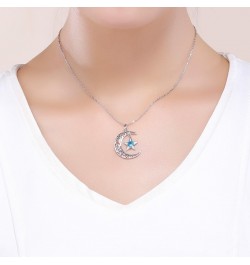 Sterling Silver Star Moon Pendant Necklace with Blue Round Cubic Zirconia Jewelry Gift for Women Girl (Length 14.96 Inch - 18...