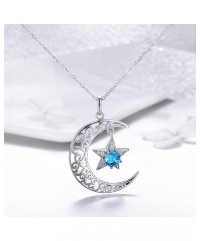 Sterling Silver Star Moon Pendant Necklace with Blue Round Cubic Zirconia Jewelry Gift for Women Girl (Length 14.96 Inch - 18...