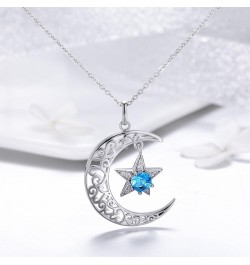 Sterling Silver Star Moon Pendant Necklace with Blue Round Cubic Zirconia Jewelry Gift for Women Girl (Length 14.96 Inch - 18...