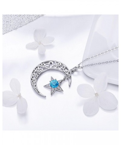 Sterling Silver Star Moon Pendant Necklace with Blue Round Cubic Zirconia Jewelry Gift for Women Girl (Length 14.96 Inch - 18...