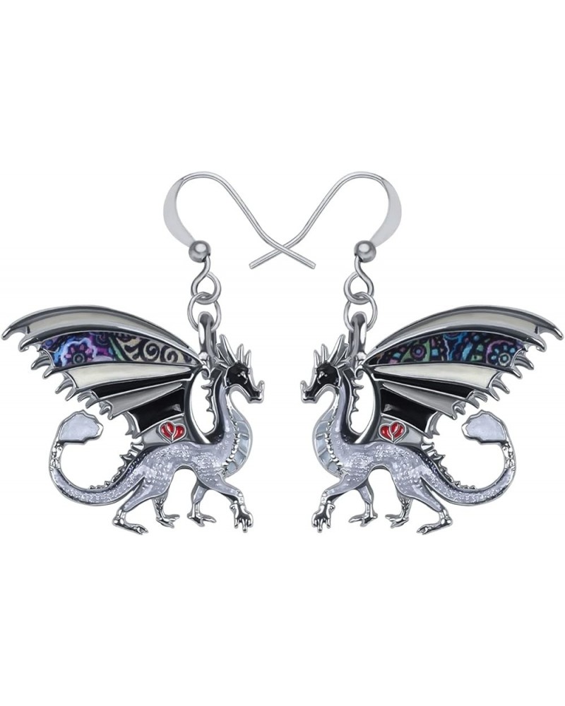 Enamel Alloy Dragon Earrings Fantasy Dinosaur Drop Dangle Fashion Jewelry For Women Girls Charm Gift Grey $8.31 Earrings