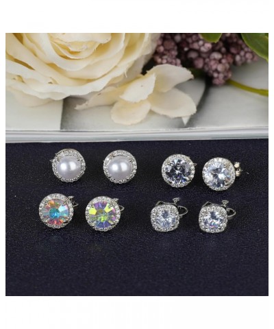 4 Pair Clip on Earrings Women Cubic Zirconia Pearl Round Rhinestone Non Pierced Earrings Silver Gold Clip Halo Earrings Clip-...