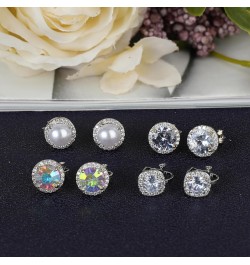 4 Pair Clip on Earrings Women Cubic Zirconia Pearl Round Rhinestone Non Pierced Earrings Silver Gold Clip Halo Earrings Clip-...