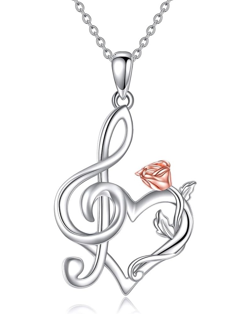 Music Note Necklace for Women 925 Sterling Silver Rose Flower Heart Pendant Treble Clef Music Jewelry Gift for Girls rose flo...