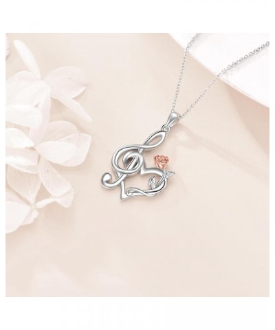 Music Note Necklace for Women 925 Sterling Silver Rose Flower Heart Pendant Treble Clef Music Jewelry Gift for Girls rose flo...