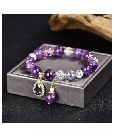 Natural Amethyst Gem Stone Bracelet 8mm Purple Quartz Beads Stretch Bracelet with Four Clover/Amethyst Flower/Waterdrop/Heart...