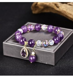 Natural Amethyst Gem Stone Bracelet 8mm Purple Quartz Beads Stretch Bracelet with Four Clover/Amethyst Flower/Waterdrop/Heart...