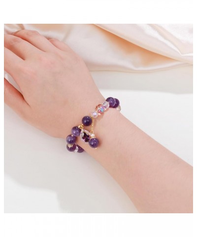 Natural Amethyst Gem Stone Bracelet 8mm Purple Quartz Beads Stretch Bracelet with Four Clover/Amethyst Flower/Waterdrop/Heart...