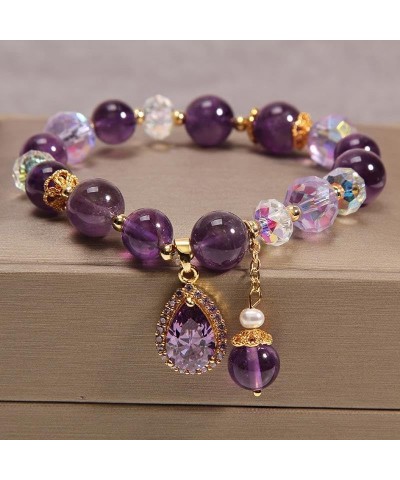 Natural Amethyst Gem Stone Bracelet 8mm Purple Quartz Beads Stretch Bracelet with Four Clover/Amethyst Flower/Waterdrop/Heart...