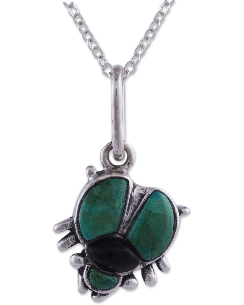 Handmade Chrysocolla Obsidian Pendant Necklace Fine Silver Sterling Green Black Peru Animal Themed Good Luck Bug 'Silver Scar...