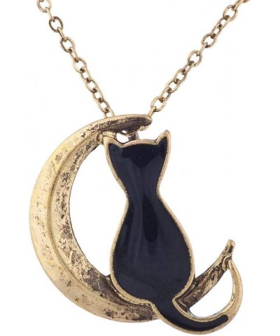 Cat on the Crescent Moon Pendant Chain Necklace Burnished Gold $7.48 Necklaces