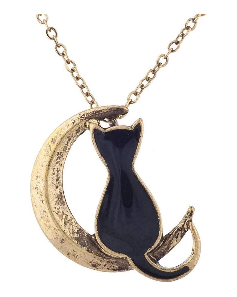 Cat on the Crescent Moon Pendant Chain Necklace Burnished Gold $7.48 Necklaces