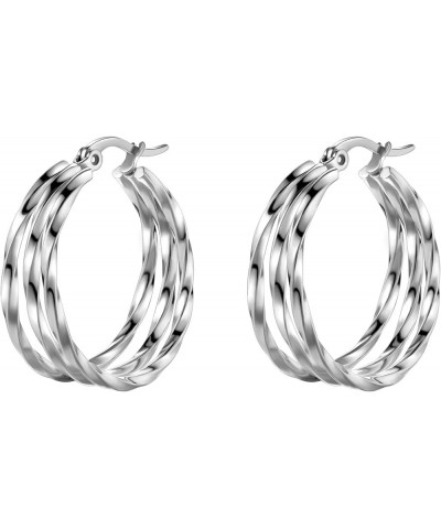 Twisted Big Hoop Earrings for Women - 316L Stainless Steel Fashion Overlapping Triple Circle Round Hoops Loops Earring Post S...