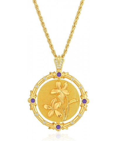 Birth Flower Necklaces for Women 14K Gold Plated Birth Flower with Birthstone Chunky Reversible Rotatable Disc Pendant Neckla...