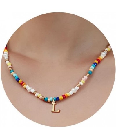 Colorful Beaded Initial Necklaces for Women Girls, Beaded Choker y2k Rainbow Beaded Necklace Gold Tiny Letter A-Z Pendant Han...