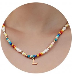 Colorful Beaded Initial Necklaces for Women Girls, Beaded Choker y2k Rainbow Beaded Necklace Gold Tiny Letter A-Z Pendant Han...