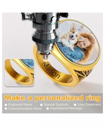 Custom Picture & Text Engraved Ring Stainless Steel 18K Gold Plated Wedding Engagement Heart/Round/Shield/Square Signet Rings...