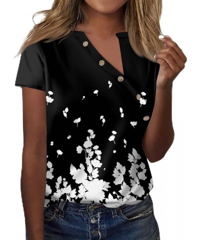 Short Sleeve Shirts for Women Trendy V Neck T Shirt Button Down Oversized Shirt Top Loose Printed Casual Pullover 1-black $4....