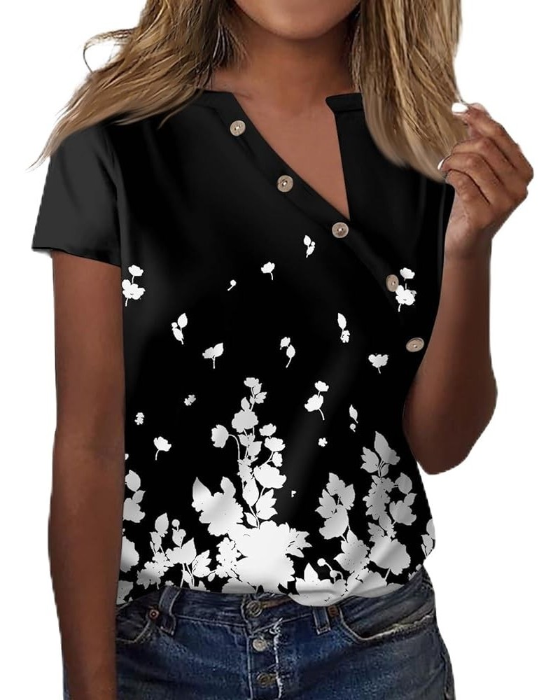 Short Sleeve Shirts for Women Trendy V Neck T Shirt Button Down Oversized Shirt Top Loose Printed Casual Pullover 1-black $4....