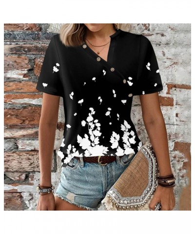 Short Sleeve Shirts for Women Trendy V Neck T Shirt Button Down Oversized Shirt Top Loose Printed Casual Pullover 1-black $4....