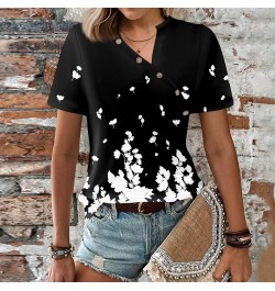 Short Sleeve Shirts for Women Trendy V Neck T Shirt Button Down Oversized Shirt Top Loose Printed Casual Pullover 1-black $4....