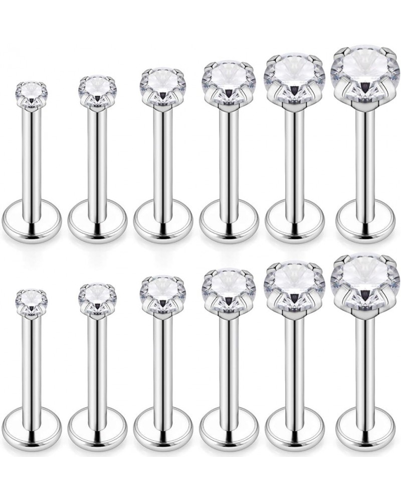 6 Pairs 16g Stainless Steel Prong Setting Clear CZ Internally Threaded Labret Monroe Lip Tragus Cartilage Helix Earring Ring ...