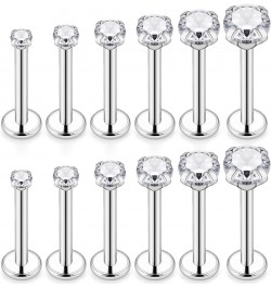 6 Pairs 16g Stainless Steel Prong Setting Clear CZ Internally Threaded Labret Monroe Lip Tragus Cartilage Helix Earring Ring ...