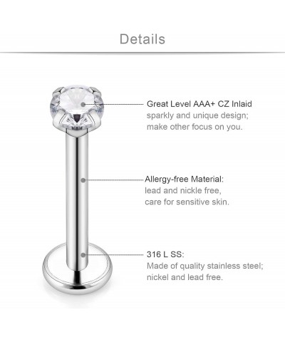 6 Pairs 16g Stainless Steel Prong Setting Clear CZ Internally Threaded Labret Monroe Lip Tragus Cartilage Helix Earring Ring ...