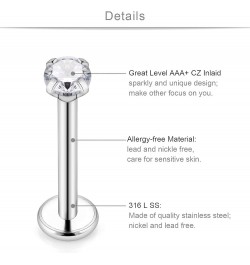 6 Pairs 16g Stainless Steel Prong Setting Clear CZ Internally Threaded Labret Monroe Lip Tragus Cartilage Helix Earring Ring ...