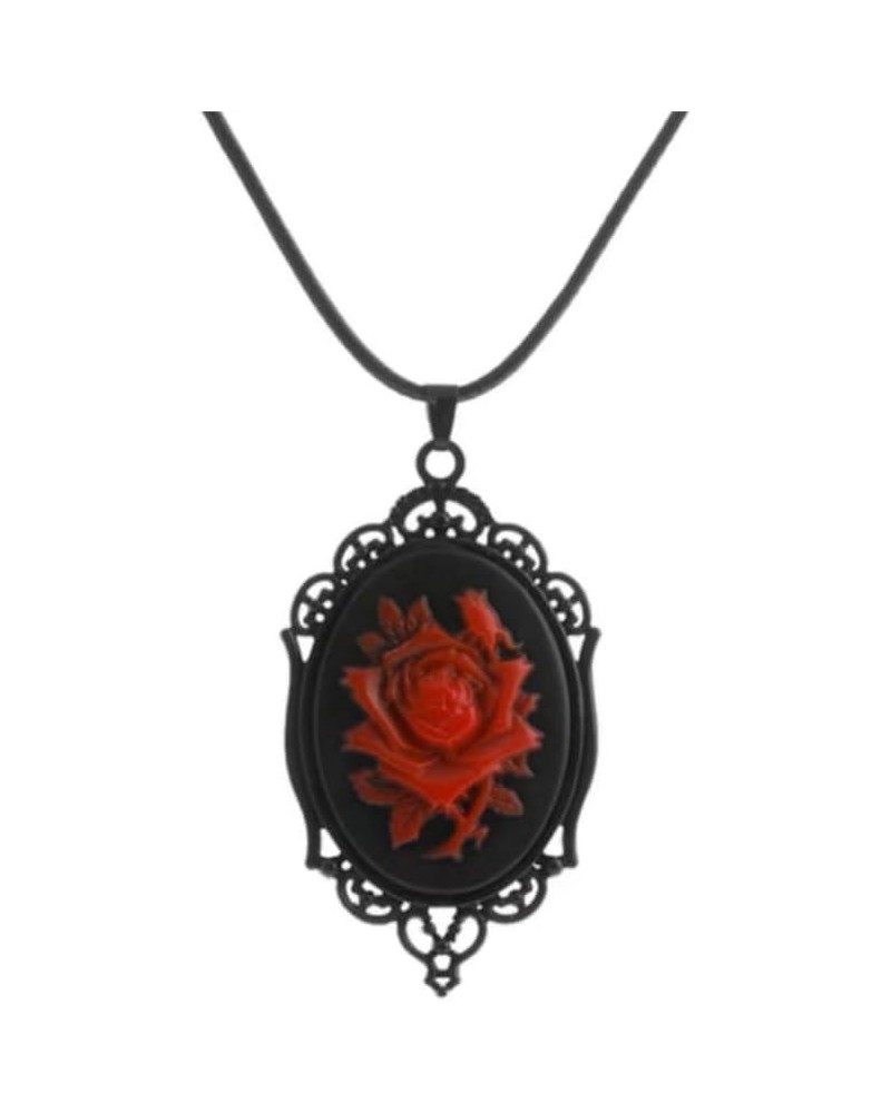 Victorian Red Rose Cameo Necklace, Gothic Resin Pendant Jewelry for Women $9.68 Necklaces