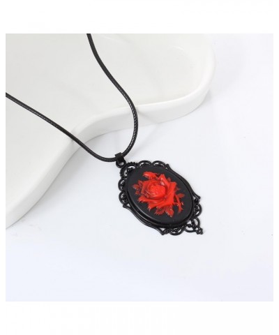 Victorian Red Rose Cameo Necklace, Gothic Resin Pendant Jewelry for Women $9.68 Necklaces