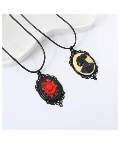 Victorian Red Rose Cameo Necklace, Gothic Resin Pendant Jewelry for Women $9.68 Necklaces