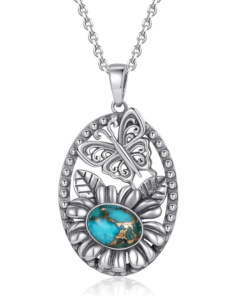 Turquoise Necklace for Women 925 Sterling Silver Butterfly and Flower Necklaces Vintage Oval Turquoise/Opal Pendant Necklace ...