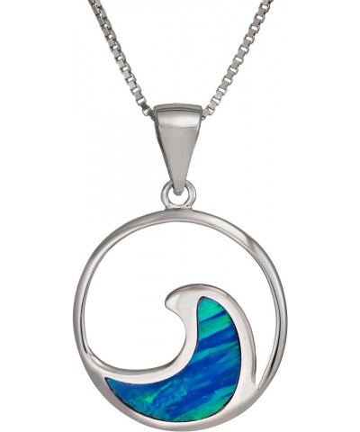 925 Sterling Silver Created Blue Opal Wave Necklace Pendant with 18" Box Chain, Nickel Free Hypoallergenic, Hawaiian Island J...