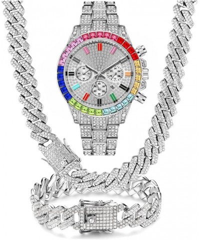 3PC Multicolour Watch + Necklace + Bracelet Hip Hop Luxury Iced Out Micro Pave 3 Piece Unisex Jewelry Set Miami Cuban Link Ch...