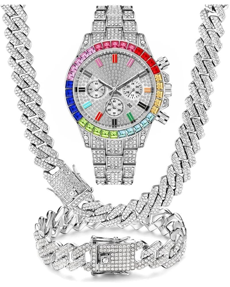 3PC Multicolour Watch + Necklace + Bracelet Hip Hop Luxury Iced Out Micro Pave 3 Piece Unisex Jewelry Set Miami Cuban Link Ch...