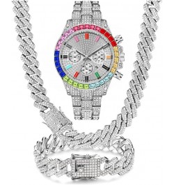 3PC Multicolour Watch + Necklace + Bracelet Hip Hop Luxury Iced Out Micro Pave 3 Piece Unisex Jewelry Set Miami Cuban Link Ch...