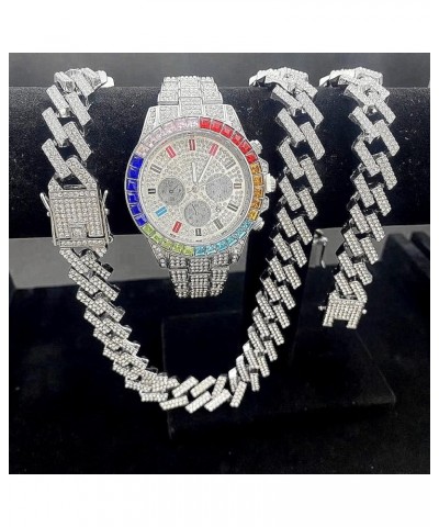 3PC Multicolour Watch + Necklace + Bracelet Hip Hop Luxury Iced Out Micro Pave 3 Piece Unisex Jewelry Set Miami Cuban Link Ch...