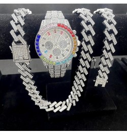 3PC Multicolour Watch + Necklace + Bracelet Hip Hop Luxury Iced Out Micro Pave 3 Piece Unisex Jewelry Set Miami Cuban Link Ch...