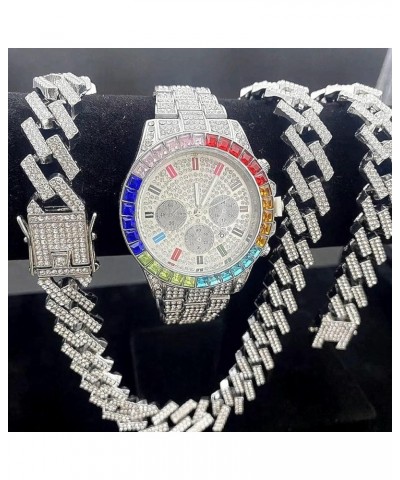 3PC Multicolour Watch + Necklace + Bracelet Hip Hop Luxury Iced Out Micro Pave 3 Piece Unisex Jewelry Set Miami Cuban Link Ch...