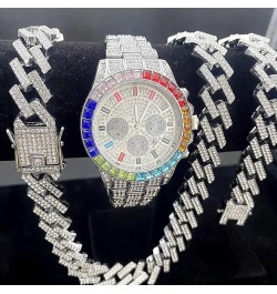 3PC Multicolour Watch + Necklace + Bracelet Hip Hop Luxury Iced Out Micro Pave 3 Piece Unisex Jewelry Set Miami Cuban Link Ch...