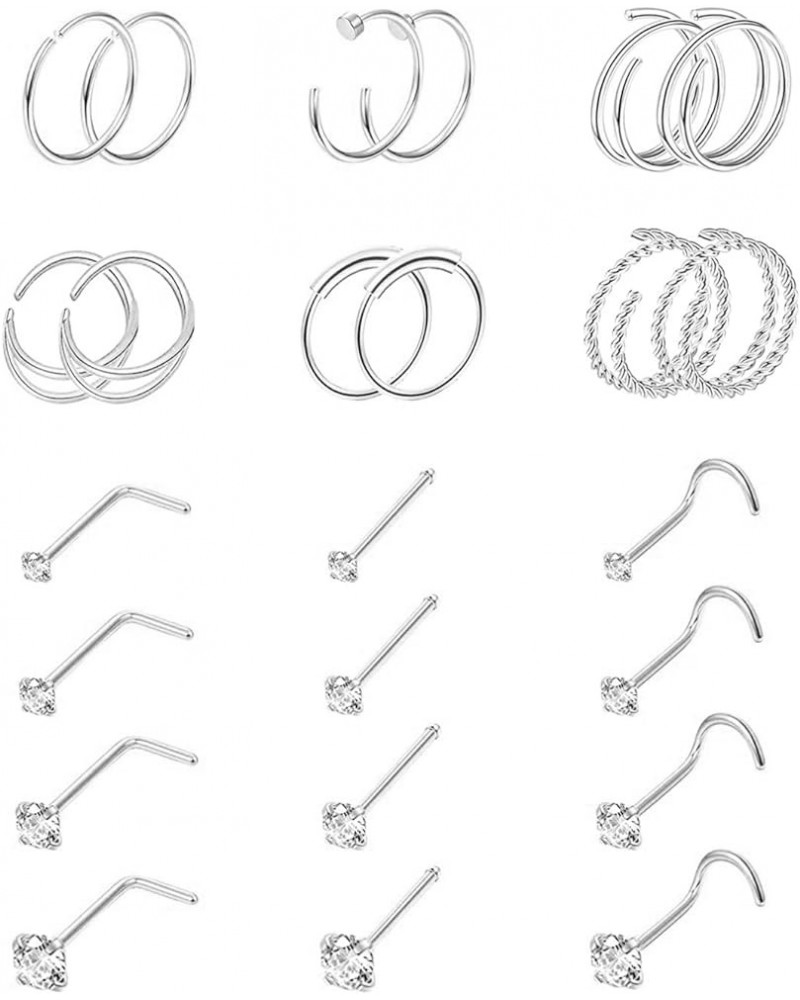 24Pcs 20G Surgical Steel Nose Rings Hoop Nose Studs Tragus Cartilage Earrings Piercing Jewelry 1.5mm 2mm 2.5mm 3mm CZ Silver ...