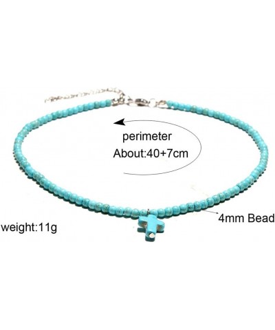 Cross Pendant Necklace Round Turquoise Clavicle Necklace Handmade Beads Choker for Women Girls $6.80 Necklaces