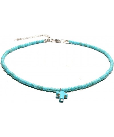 Cross Pendant Necklace Round Turquoise Clavicle Necklace Handmade Beads Choker for Women Girls $6.80 Necklaces