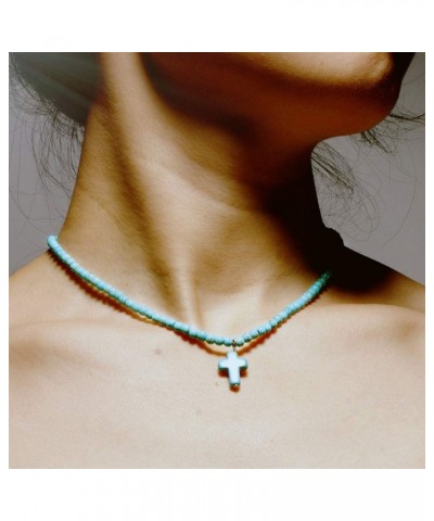 Cross Pendant Necklace Round Turquoise Clavicle Necklace Handmade Beads Choker for Women Girls $6.80 Necklaces