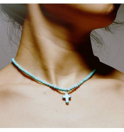 Cross Pendant Necklace Round Turquoise Clavicle Necklace Handmade Beads Choker for Women Girls $6.80 Necklaces