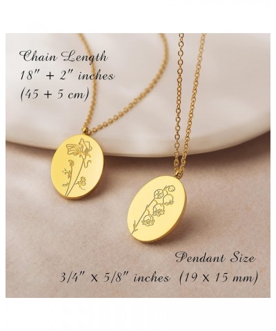 12 Month Birth Flower Necklace, Dainty Minimalist 18K Gold Plated Oval Shape Glossy Finish Floral Jewelry for Her, Happy Birt...